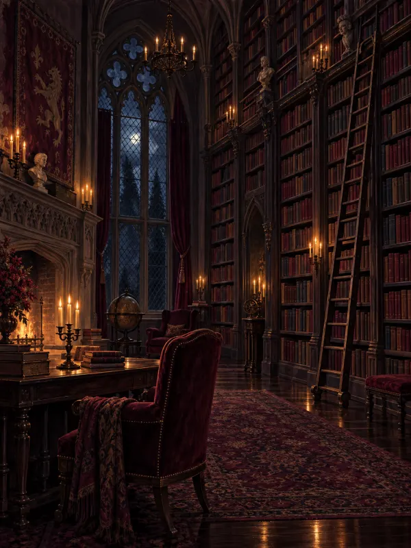 The Library: Walls of books and a ladder reaching to the ceiling