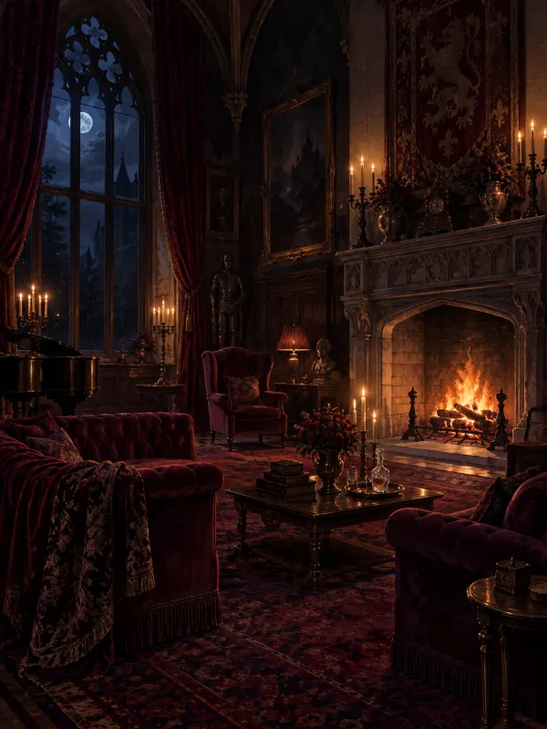 The Lounge: Plush velvet sofas and a roaring fireplace