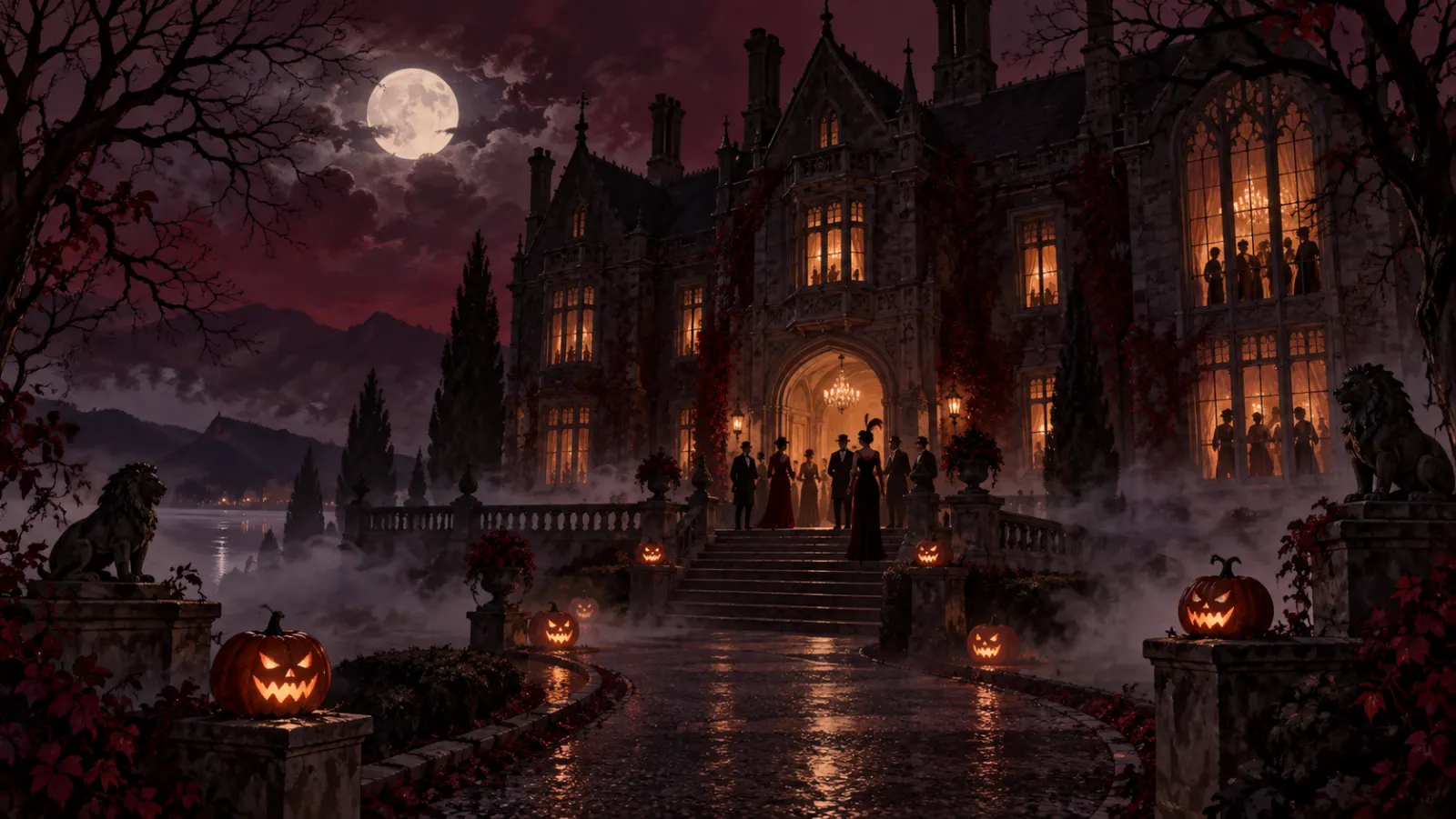 Blackwood Manor at night with jack-o-lanterns on the steps