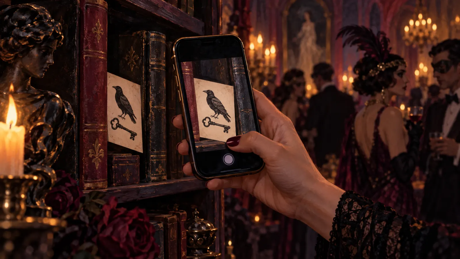A hidden QR evidence placard being scanned on a bookshelf