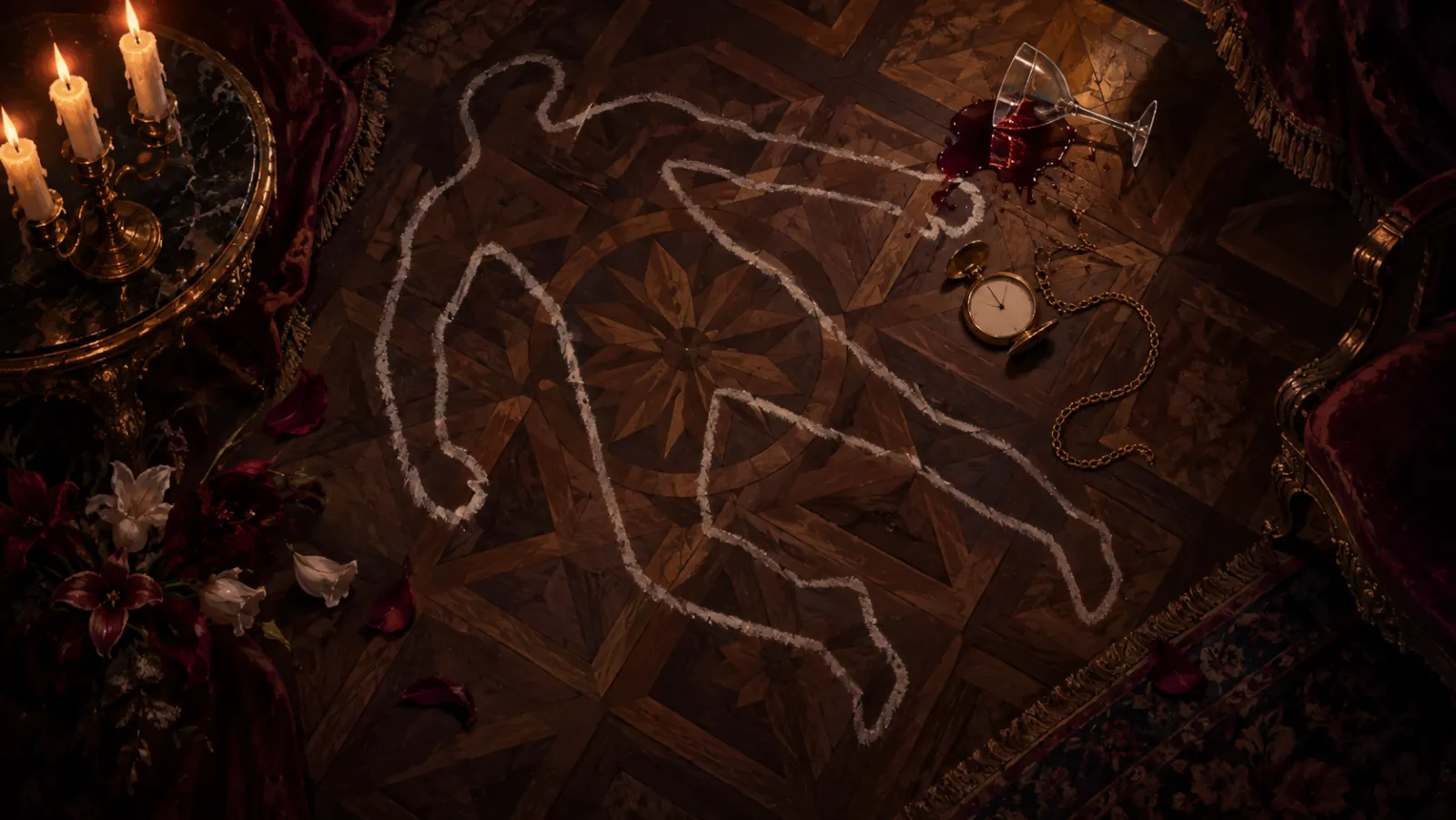 A chalk outline on a parquet floor beside a fallen champagne glass